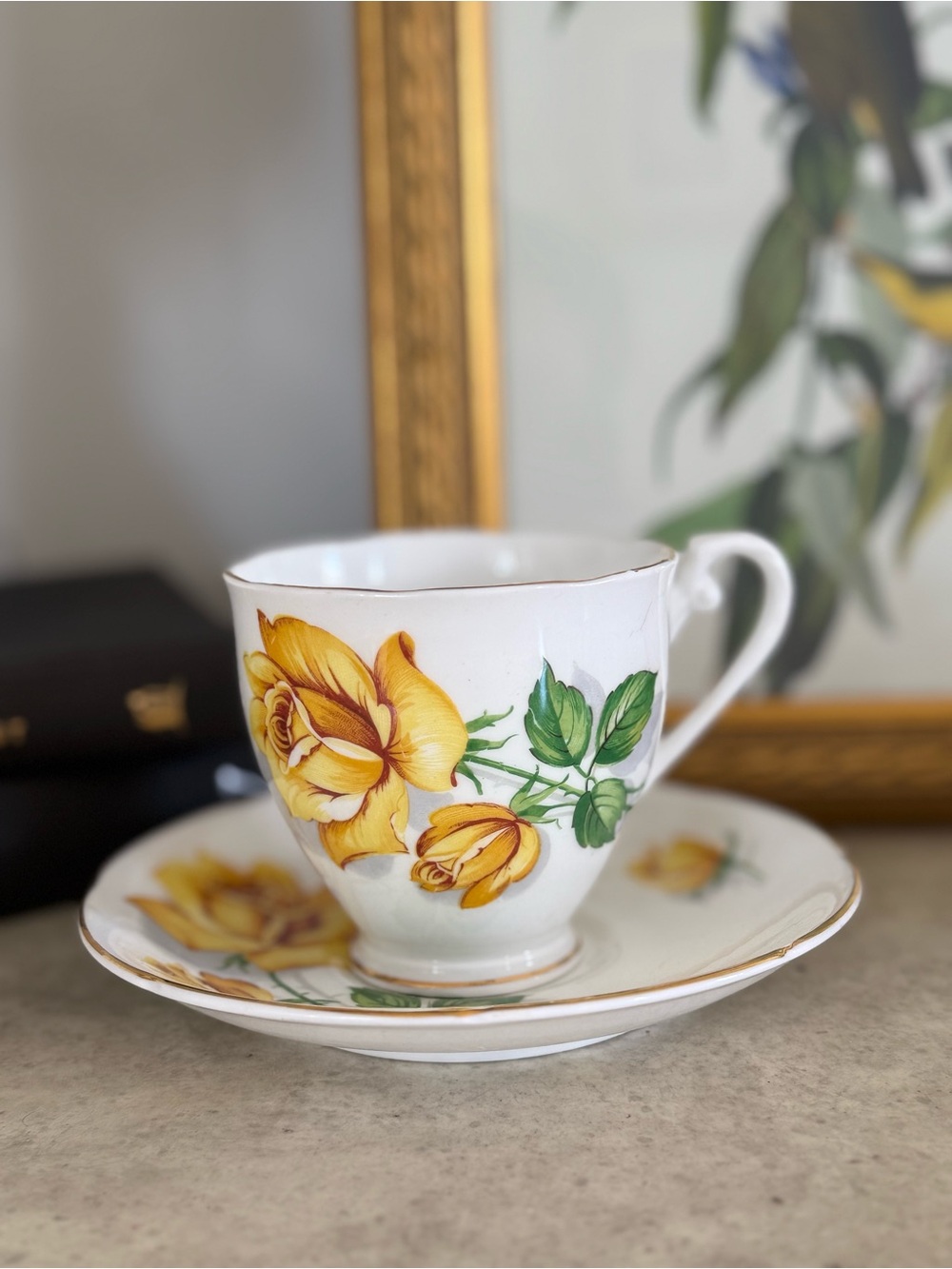 Yellow Rose Porcelain Teacup and Saucer Set with Gold Trim